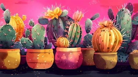 Illustration of cacti in pots on a pink background.の素材
