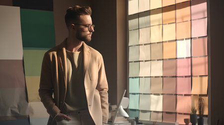 Handsome young designer in eyeglasses standing near table in officeの素材