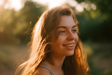 Portrait of a beautiful young woman in the park at sunset.の素材
