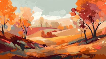 Autumn landscape with forest and river. Colorful vector illustration.の素材