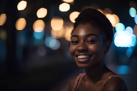 Portrait of smiling african american woman in city at nightの素材