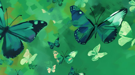 Beautiful butterflies on green watercolor background. Hand drawn illustration.の素材