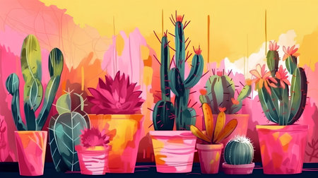 Cactuses in pots on a pink background. Vector illustration.の素材