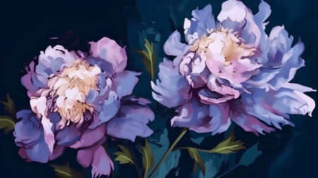 Beautiful peony flowers on a dark blue background. Vector illustration.の素材