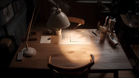 Working table with lamp and papers in the dark room at night.の素材