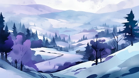 Winter landscape with snow covered forest and meadows. Vector illustration.の素材