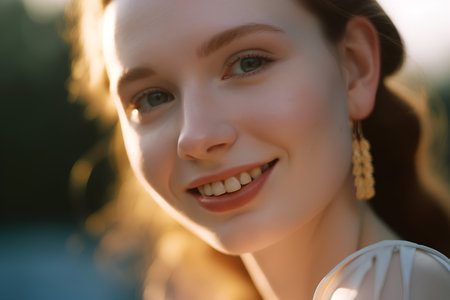 Portrait of a beautiful young woman in a white dress with a beautiful smileの素材
