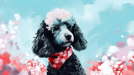 Digital painting of a black and white poodle in a red scarf.の素材