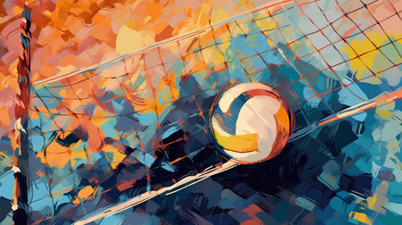 Volleyball net and ball in blue and orange colors. Vector illustrationの素材