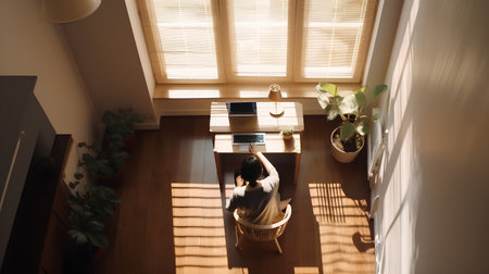 Woman working on laptop in the living room at home, side viewの素材