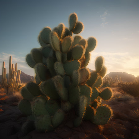 Cactus in the desert at sunset, 3d render image.の素材