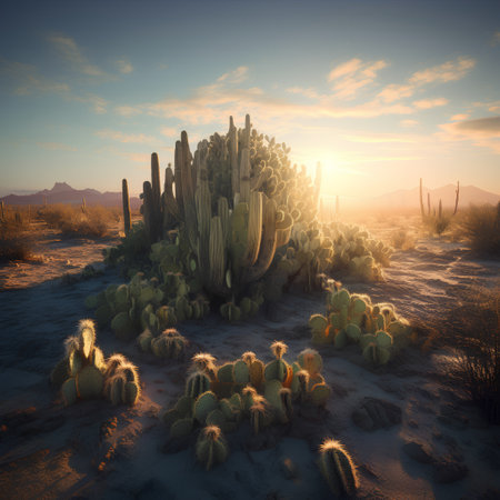 Cactuses in the desert at sunset. 3D rendering.の素材