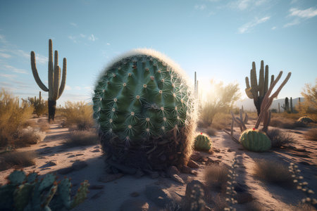 Cactuses in the desert. 3d rendering. Computer digital drawing.の素材