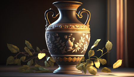3d render of vase with floral ornament on wooden table.の素材
