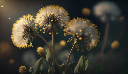 Dandelion flowers on a dark background. Selective focus.の素材