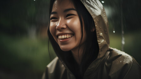 Beautiful asian woman in raincoat looking at the camera and smiling.の素材
