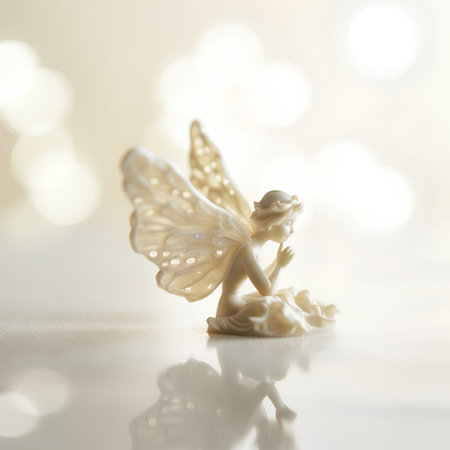 Angel figurine on a white background with bokeh effect.の素材