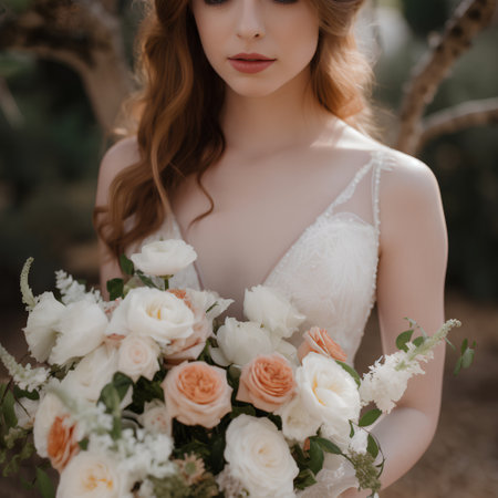 fashion outdoor photo of beautiful sensual woman with blond hair in luxurious wedding dress posing with luxurious bouquet of flowersの素材