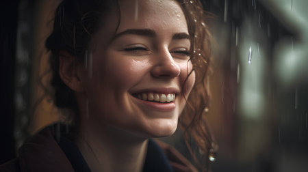 Portrait of a beautiful young woman under the rain in the cityの素材