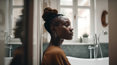 Side view of african american woman with dreadlocks standing in bathroomの素材