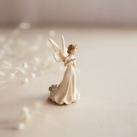 Elegant figurine of a bride and groom on a beige backgroundの素材