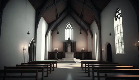 3D rendering of a church interior with a white ceiling and windows.の素材