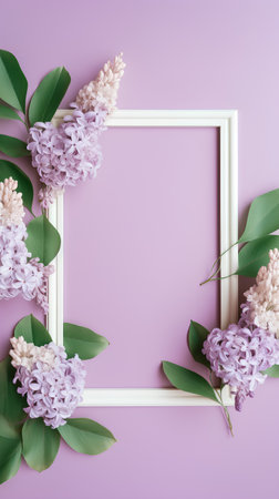 Flowers composition. Frame made of lilac flowers on pastel pink background. Flat lay, top view, copy spaceの素材