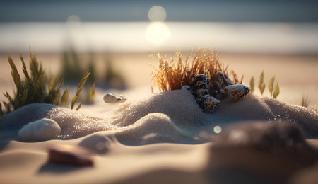 Beautiful beach with sand and stones at sunset, shallow depth of fieldの素材