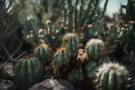 Cactuses in the desert. Selective focus. Toned.の素材