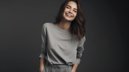 Portrait of a smiling young woman in casual clothes on grey backgroundの素材