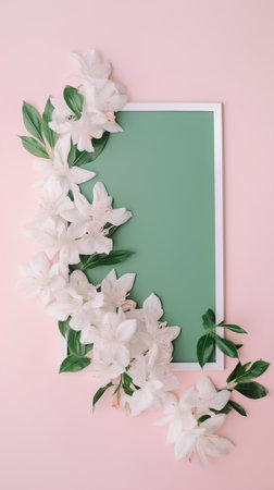 White flowers and green frame on pink background. Flat lay, top view.の素材