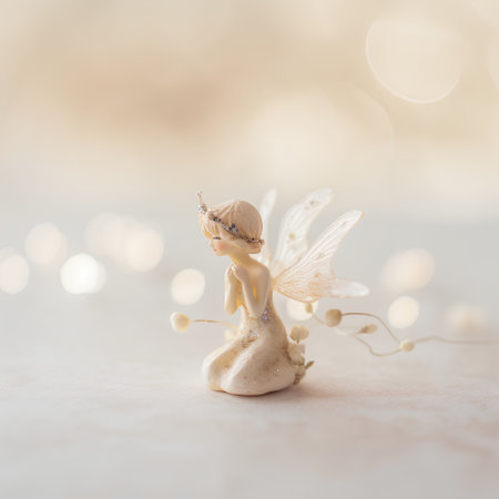 Christmas angel on a white background with bokeh lights. Copy space.の素材