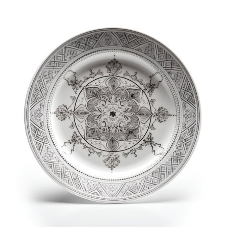 Decorative plate on a white background. 3d rendering. Computer digital drawing.の素材