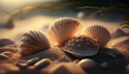 Beautiful seashells on sand at sunset. 3d renderingの素材