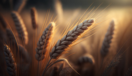 Ears of wheat on the field at sunset. Nature background.の素材