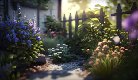 Garden with flowers and stone path at sunset, 3d renderの素材