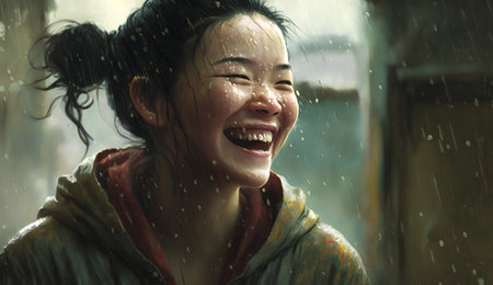 Portrait of a beautiful asian woman laughing under the rain.の素材