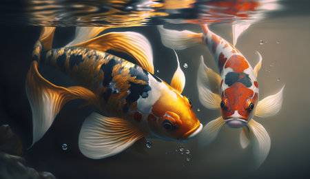 Koi fish swimming in the water. 3d rendering illustration.の素材
