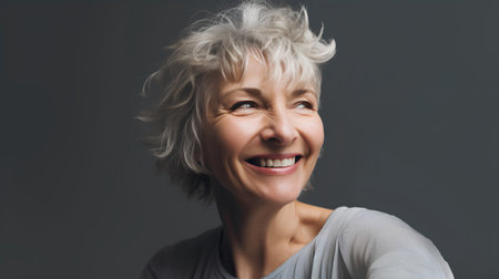 Portrait of a happy senior woman with short blond hair on gray backgroundの素材