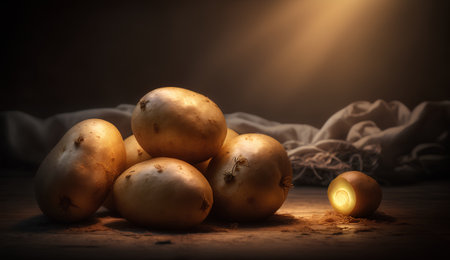 Potatoes on wooden table with light coming from above. Dark background.の素材