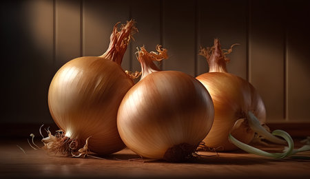 Onion bulbs on a wooden table. Vintage style. 3d renderの素材