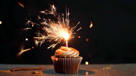 Birthday cupcake with sparkler on black background, close upの素材