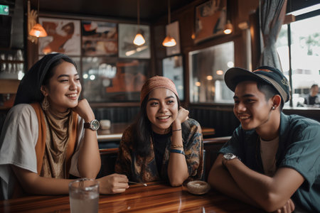 Group of friends sitting in a cafe and looking at the camera.の素材