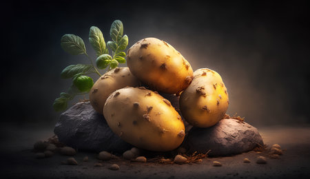 Potatoes with sprouts and soil on dark background. 3d renderの素材