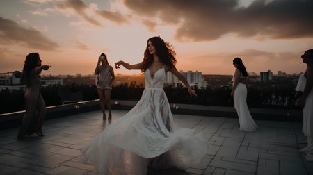Beautiful brunette girl in a long white wedding dress dancing on the roof at sunsetの素材