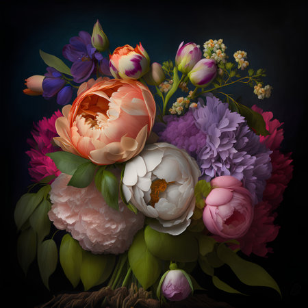 Beautiful bouquet of peonies and tulips on dark backgroundの素材