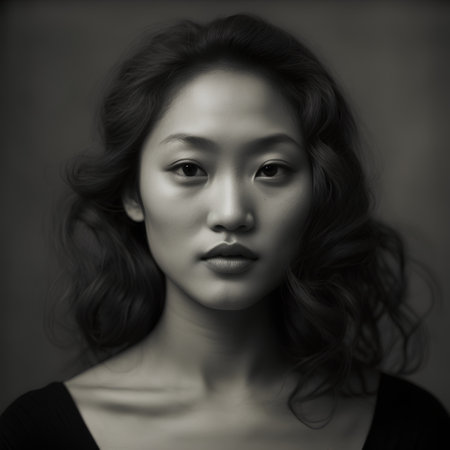 Black and white portrait of a beautiful asian woman with curly hairの素材