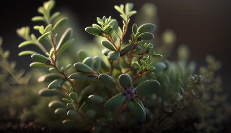 Close-up of green succulent plants growing in soil on dark backgroundの素材
