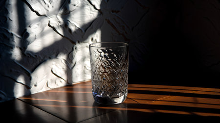 Glass of water on a wooden table with a shadow from the window.の素材