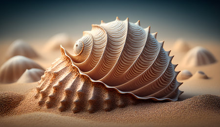 3d rendering of a sea shell in the sand under the sunlightの素材